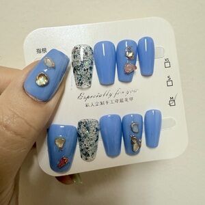 Blue and Glitter Press-On Nails with Gem Accents Medium Press on nails
